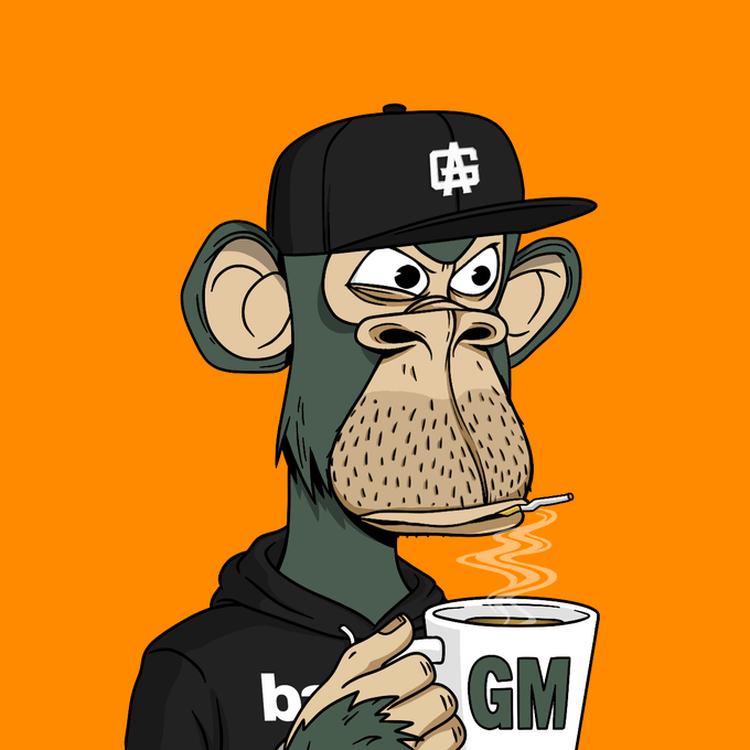 Cartoon illustration of a monkey wearing a black cap and hoodie, holding a white mug labeled 'GM' against an orange background.
