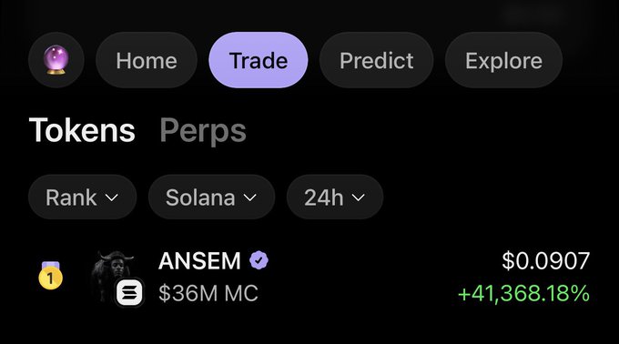 A screenshot from a crypto trading app shows the "Trade" tab displaying a Solana meme token called ANSEM ranked #1, priced at $0.0907 with a $36M market cap and a staggering +41,368.18% gain in 24 hours. The image illustrates the speaker's point about Solana meme coins potentially making a comeback, highlighting the explosive gains still possible in the space.