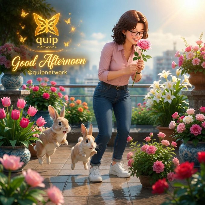 The image features a woman holding a rose, surrounded by potted plants and flowers. The scene takes place outdoors, possibly at a garden or patio area with a balcony. There are two rabbits running around near her, adding an element of liveliness to the scene. In the background, there is text that reads "Good Afternoon CT The loudest projects aren't always the ones shaping the future, sometimes the real revolution is happening quietly in the background @quipnetwork has been moving with a different mindset from day one: building for the next era of digital security instead of". This suggests that the woman might be enjoying her time outdoors and appreciating nature. The presence of rabbits adds an interesting contrast to the scene as they are typically associated with urban environments, while the flowers and potted plants create a more peaceful atmosphere.