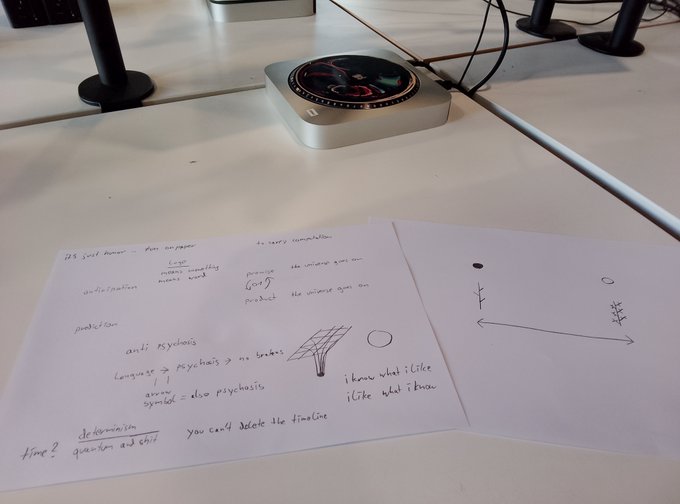 Two handwritten sheets of paper on a white table display notes including phrases like "discrimination," "anti psychosis," "language > psychosis > no bodies," and "you can't delete the timeline," alongside sketches of a hand, circle, and arrow, with an Apple Mac Mini and cables visible in the background, capturing the conceptual planning session for the track "21e8 Touchdown."