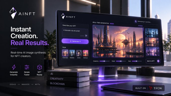 Promotional image for 'AINFT' showcasing 'Instant Creation. Real Results.' with text 'Real-time AI image synthesis for NFT creators,' displaying a futuristic cityscape generation interface with options like 'Cinematic,' 'Realistic,' 'Anime,' and 'Abstract,' and 'BUILT ON TRON' at the bottom right.