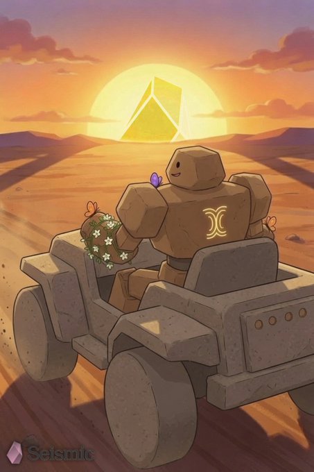 The image features a cartoon character, likely a robot or a dinosaur, sitting inside an off-road vehicle with four wheels. The character appears to be driving through a desert landscape during sunset, creating a sense of adventure and excitement. The post is written in a playful and creative style, using the character's design as inspiration for its title.