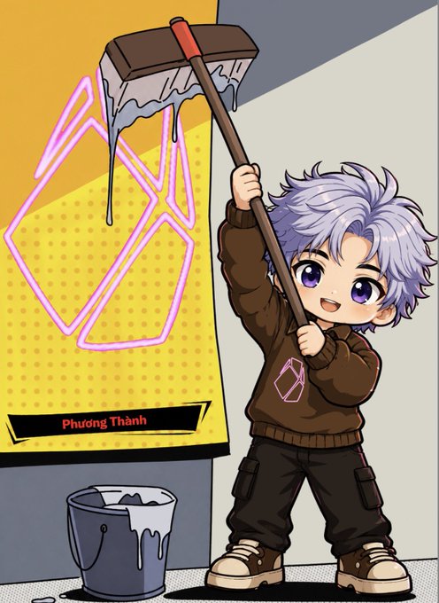 An anime-style illustration of a purple-haired character in a brown sweater painting a wall pink, with the name 'Phương Thành' displayed on screen.