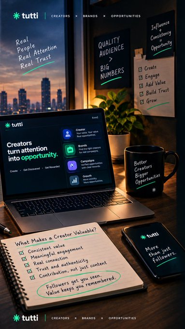 A promotional image for 'tutti' featuring a laptop displaying 'Creators turn attention into opportunity' alongside a notebook listing 'What Makes a Creator Valuable' and a branded mug.