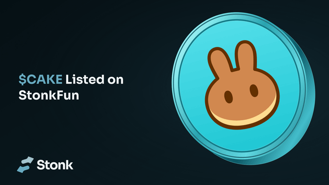 A promotional graphic announces "$CAKE Listed on StonkFun" alongside the PancakeSwap bunny mascot on a teal coin, visually supporting the announcement that $CAKE pairs are now available for token launches on StonkFun.