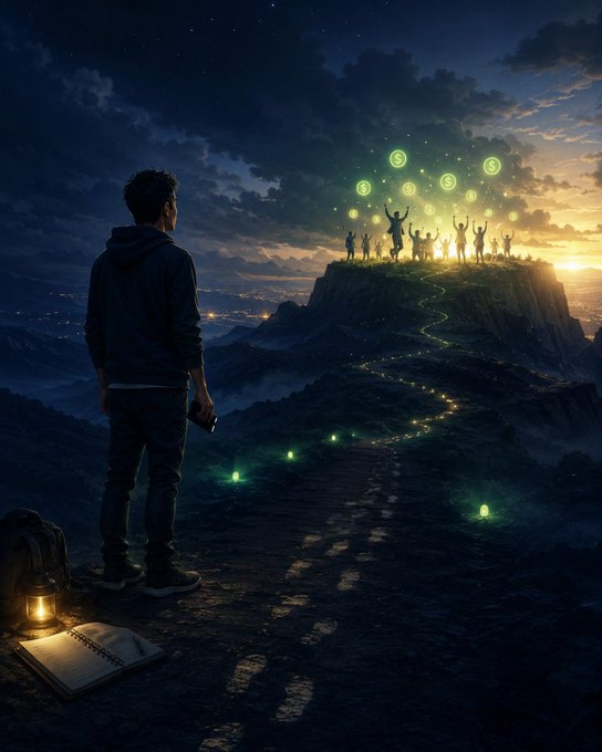 A digital artwork showing a person standing on a dark mountain path at dusk, looking toward a glowing cliff where silhouetted figures celebrate with arms raised around floating dollar sign symbols.