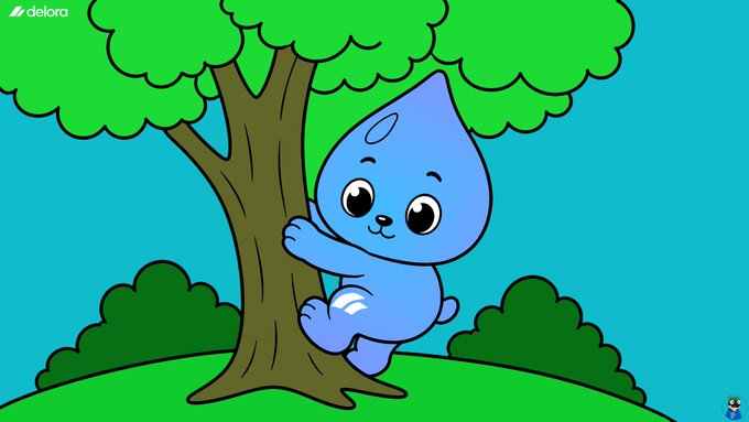 A cartoon illustration of a cute blue water-drop character hugging a tree, set in a green landscape with a 'delora' watermark.