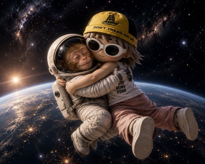 An AI-generated illustration of a child in a 'DON'T TREAD ON ME' cap hugging an astronaut monkey in space above Earth.