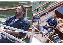 The image shows a man in a navy sweater sitting alone on a docked boat in a marina, looking contemplative. The split layout emphasizes his solitary, reflective posture, capturing the "this is fine" mood of someone ignoring rising problems—fitting the post's joke about casually dismissing Bitcoin news.