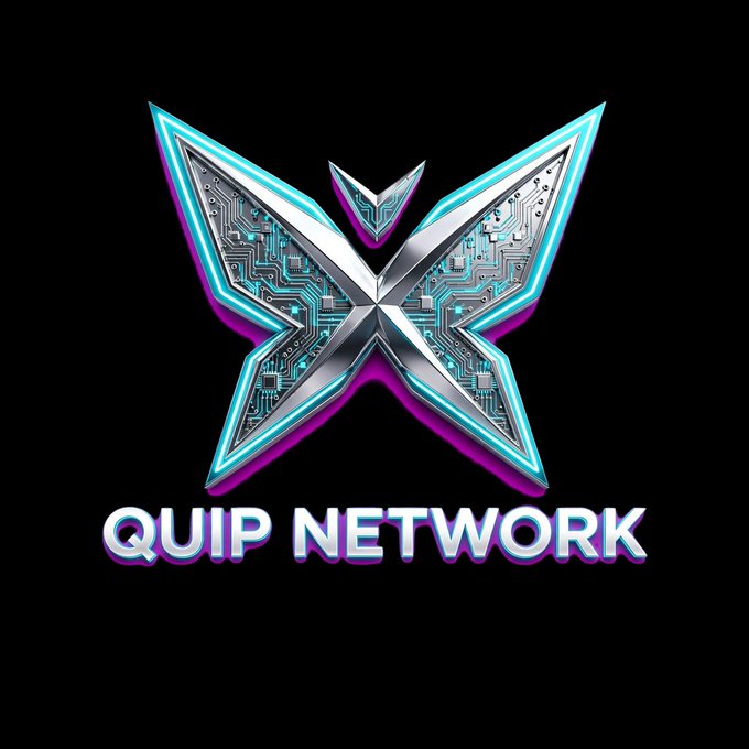 A stylized metallic 'X' logo with cyan and purple neon accents and circuit board textures, with the text 'QUIP NETWORK' below it on a black background.