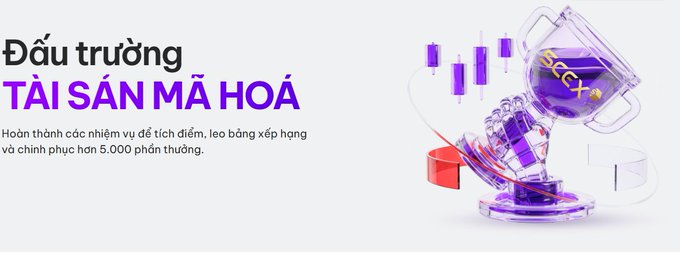A promotional banner for an asset tokenization challenge ("Đấu trường TÀI SẢN MÃ HOÁ") featuring a 3D trophy with crypto candles and blockchain elements, offering rewards of up to 5,000.