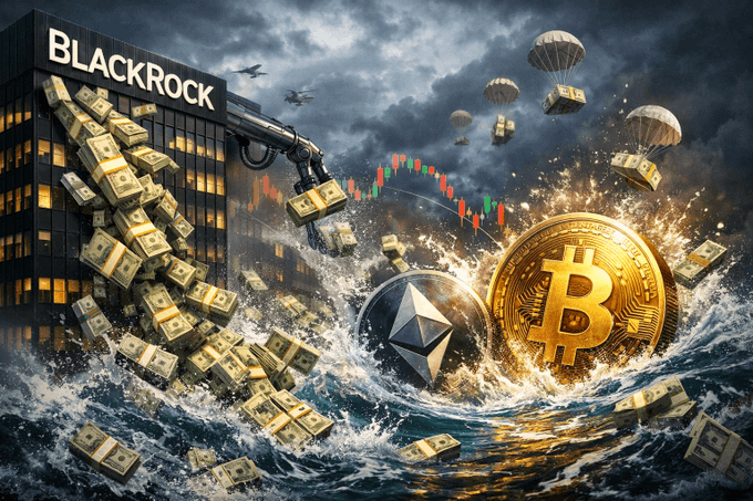 A dramatic financial scene depicts a "BlackRock" office building being flooded with cash bundles alongside a large gold Bitcoin and Ethereum coin emerging from turbulent waters, with parachuting gold bars and a red candlestick chart in the background. The image visually captures BlackRock's tokenized money market expansion into Europe, symbolizing the flood of institutional capital and crypto assets flowing into their new on-chain fund offerings.