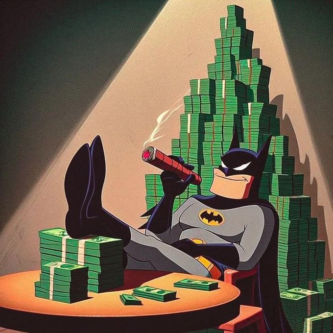 An animated illustration of Batman reclining casually with his feet on a table, smoking a cigar while surrounded by large stacks of green cash under a spotlight.