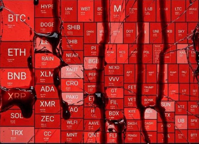 A red-tinted display board listing various cryptocurrency tickers such as BTC, ETH, BNB, SOL, XRP, DOGE, SHIB, ADA, and UNI, partially obscured by dark liquid drips running down the surface.