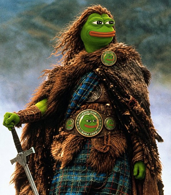 A digitally edited image of the 'Pepe' frog character dressed as a Highlander warrior, wearing fur and a kilt, with a belt buckle and brooch displaying Pepe faces labeled 'PEPE COIN'.