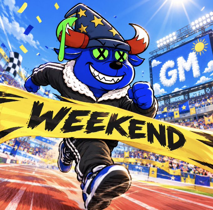 A blue cartoon mascot wearing a star-studded wizard hat and tracksuit sprints across a stadium track beneath a yellow finish line banner reading "WEEKEND," perfectly capturing the post's excitement about making it through the final push toward the weekend, with a "GM" cloud banner displayed on the stadium screen reinforcing the cheerful good morning vibe.