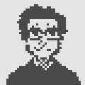 A small dark blue pixel art character with sunglasses against a light blue background.