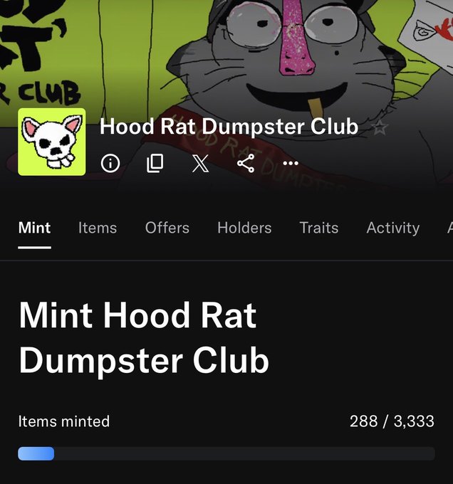 A mobile screenshot of a 'Hood Rat Dumpster Club' NFT minting page showing '288 / 3,333' items minted, with a cartoon rat wearing sunglasses in the background banner.