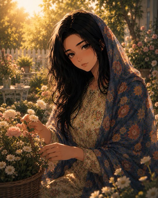 An anime-style illustration depicts a dark-haired young woman wearing a floral dress and a blue patterned shawl, surrounded by white and pink flowers in a sunlit garden.