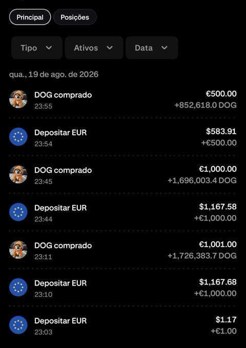 A mobile app transaction history showing multiple DOG purchases and EUR deposits on August 19, 2026, totaling several thousand euros in buys of DOG tokens.
