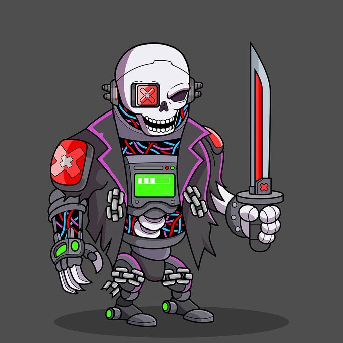 A cartoon-style illustration of a cyborg or robotic skeleton character with a white skull head bearing a red X over one eye, holding a sword and featuring exposed wires and mechanical parts.