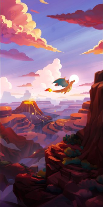 A fantasy digital painting of a dragon flying over a canyon landscape with a smoking volcano, dramatic clouds, and a colorful sunset sky.