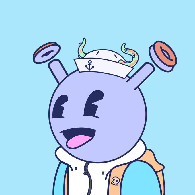 A cartoon illustration features a purple alien-like creature wearing a sailor hat with an anchor symbol, surrounded by floating donuts and colorful swirling horns against a light blue background.