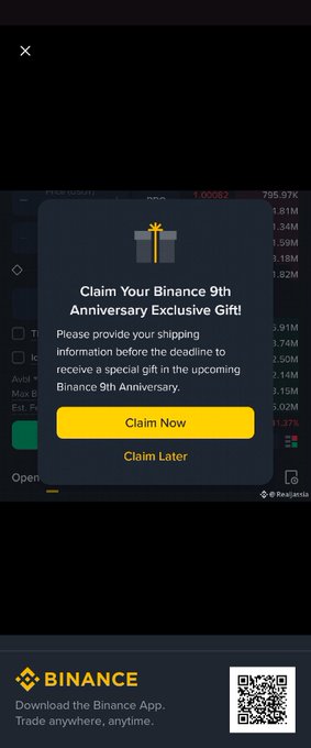 The image features a promotional banner, likely an advertisement or product review, with several lines of text and symbols related to Binance. The main focus of the content appears to be celebrating the company's 9 years of innovation, growth, and an unstoppable community through exclusive anniversary swag. This special gift is intended for both traders and builders who have contributed to the company's success over time.