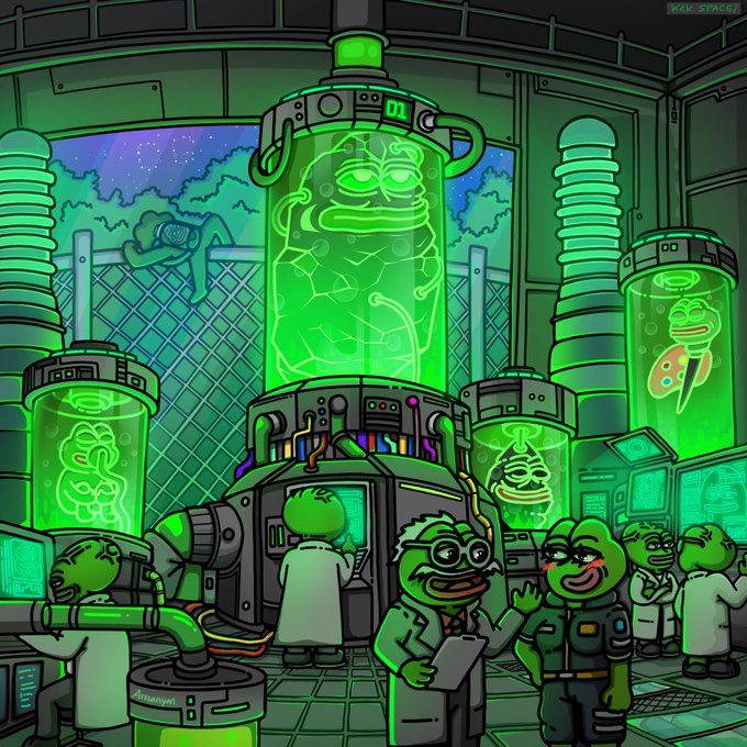 A cartoon illustration of a green-lit laboratory with Pepe the Frog scientists working around cylindrical containment tanks holding various Pepe characters in glowing green fluid.
