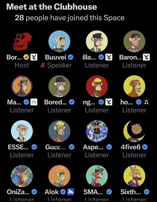 A Twitter Space screenshot titled 'Meet at the Clubhouse' showing 28 participants with Bored Ape NFT profile pictures, including the Host 'Bor...' and a Speaker named 'Buuvei'.
