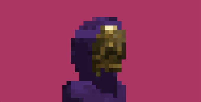 A pixelated portrait of a figure in a purple hood against a magenta background, with a golden skull-like face.