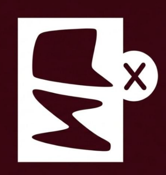 A minimalist logo featuring a stylized abstract face or mask design in dark maroon on a white square, with an 'X' inside a circle to the right, set against a dark maroon background.