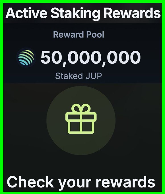 The image displays an "Active Staking Rewards" dashboard showing a Reward Pool of 50,000,000 Staked JUP, accompanied by a green gift box icon and a "Check your rewards" call-to-action. This visual ties into the post's discussion of JUP's Active Staking Rewards (ASR), highlighting the quarterly emission amount (50M JUP) that critics argue contributes to JUP's inflationary tokenomics.