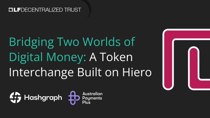 The image features a poster with a pink logo, which reads "Bridging Two Worlds of Digital Money: A token interchange built on Hiero." The poster also includes text that says "Australia Payments Plus used a wholesale CBDC on private HashSphere while using a proxy representation on @Hedera". This suggests the poster is promoting a new digital currency or token system, possibly developed by Australia payments plus.