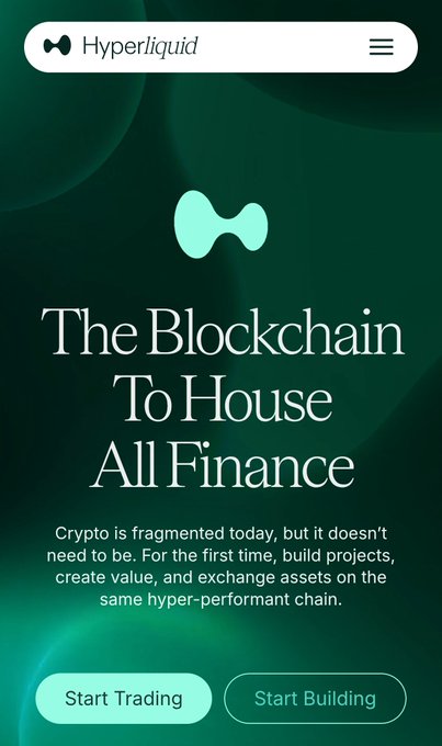 The image shows the Hyperliquid homepage with the tagline "The Blockchain To House All Finance," featuring two call-to-action buttons labeled "Start Trading" and "Start Building." It visually reinforces the post's message about Hyperliquid expanding beyond its well-known perpetual trading into a broader ecosystem (HyperEVM) where builders can create applications that interact directly with native liquidity—positioning it as more than just a trading platform.