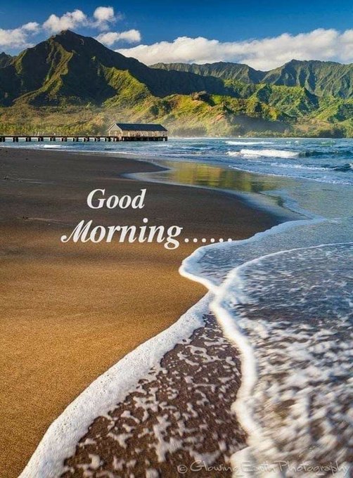 A scenic beach landscape with mountains, ocean waves, and a pier, overlaid with the text 'Good Morning......' and credited to '@Growing_Edge_Photography'.