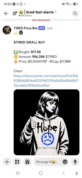 A Telegram screenshot from 'tired-bot-alerts' showing a small buy alert for $TIRED, with details of a $17.58 purchase for 986.28K tokens at $0.00001787, accompanied by a stylized black and white illustration of a figure giving a thumbs up with 'Hope' written on their hoodie.