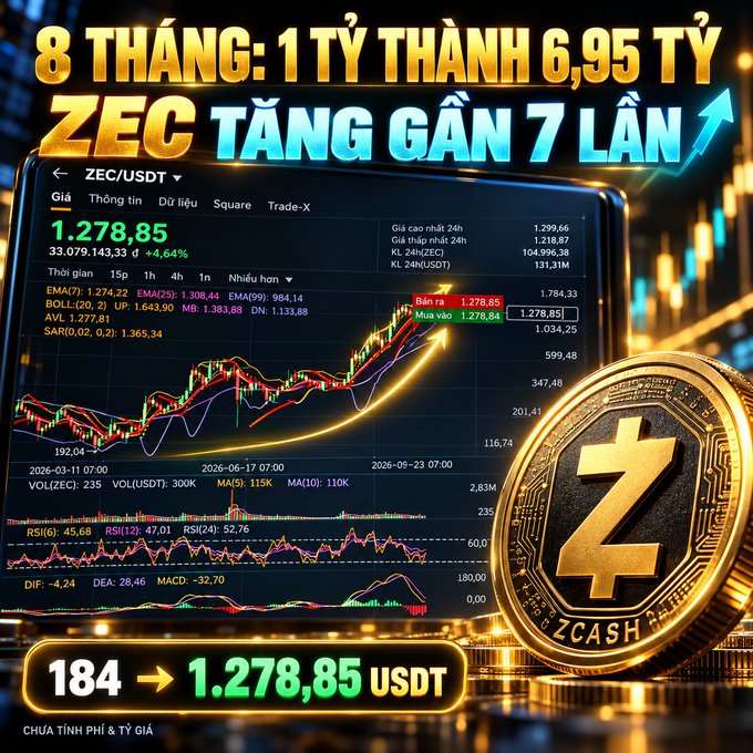 The image displays a ZEC/USDT trading chart showing the cryptocurrency's price surging from 184 USDT to 1,278.85 USDT (a nearly 7x increase), with bold Vietnamese text "8 THÁNG: 1 TỶ THÀNH 6,95 TỶ" and "ZEC TĂNG GẦN 7 LẦN" highlighting how 1 billion VND invested in Zcash over 8 months would have grown to nearly 6.95 billion VND, accompanied by a gold ZCash coin graphic.