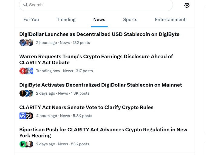 A news feed interface showing headlines including 'DigiDollar Launches as Decentralized USD Stablecoin on DigiByte' and 'Warren Requests Trump's Crypto Earnings Disclosure Ahead of CLARITY Act Debate'.