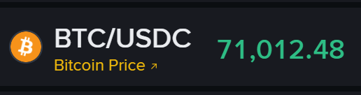 A cryptocurrency price ticker displaying BTC/USDC Bitcoin Price at 71,012.48 next to an orange Bitcoin logo.
