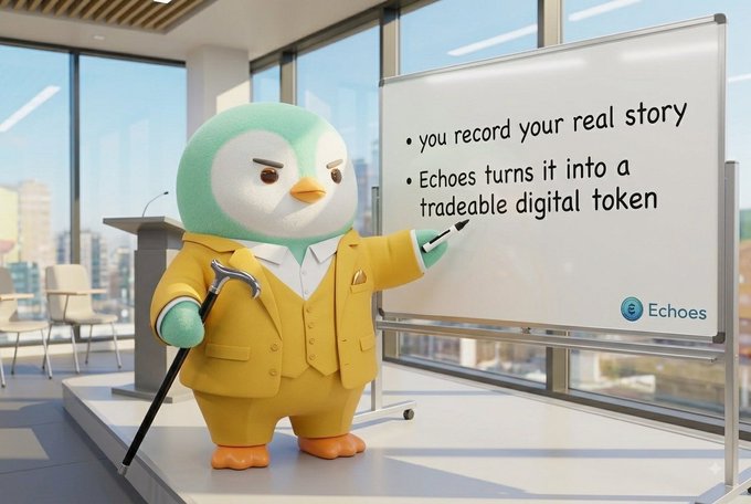 An animated penguin mascot in a yellow suit holding a cane presents at a whiteboard reading 'you record your real story / Echoes turns it into a tradeable digital token', with an 'Echoes' logo in the corner.
