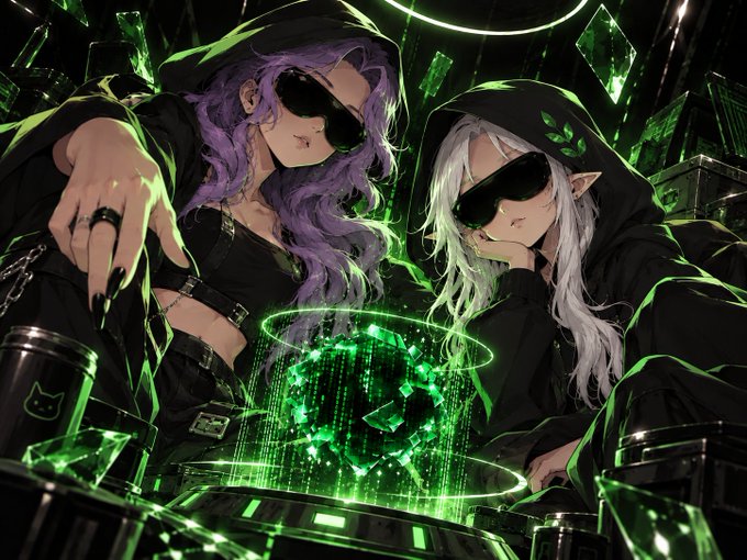 An anime-style illustration of two characters wearing black hoodies and futuristic visor glasses, one with purple hair and one with white hair, gathered around a glowing green holographic device.
