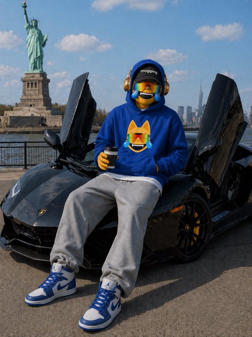 A character wearing a blue hoodie with a crying cat emoji, rainbow visor, and headphones sits on a black Lamborghini with scissor doors open, holding a coffee cup, with the Statue of Liberty visible in the background.