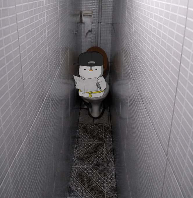 A cartoon snowman wearing a black baseball cap sits on a toilet in a tiled stall, reading a newspaper.