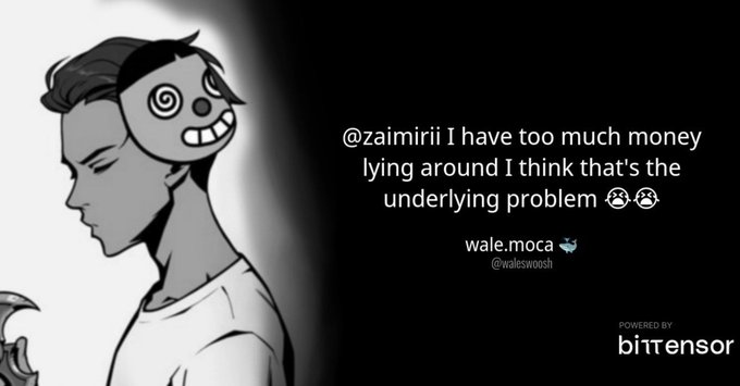 A black and white illustration of a character with a creepy mask face, accompanied by a tweet reading '@zaimiiii I have too much money lying around I think that's the underlying problem' by wale.moca (@waleswoosh).