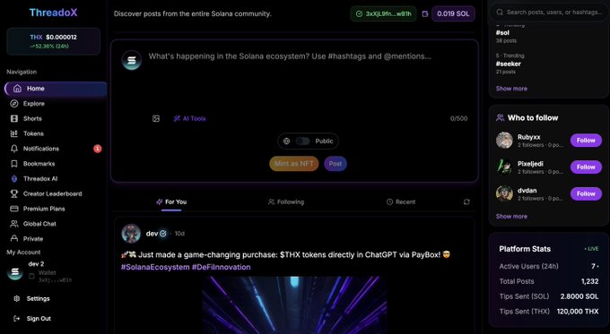 A screenshot of the ThreadoX interface, a social platform for the Solana community, showing a post by 'dev' about purchasing $THX tokens directly in ChatGPT via Paybox.