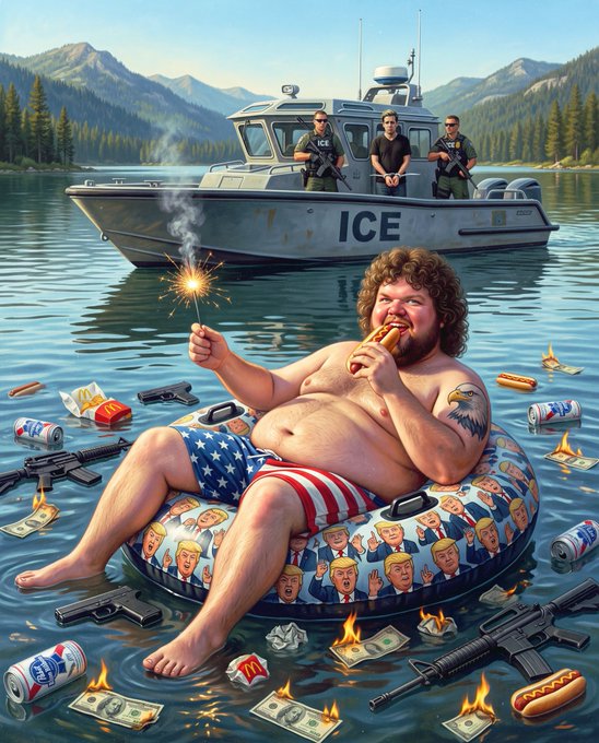 A satirical illustration shows a man in American flag shorts on a Trump-themed inflatable in a lake, holding a sparkler and eating a hot dog, with an ICE boat, agents, guns, money, and debris floating in the water.