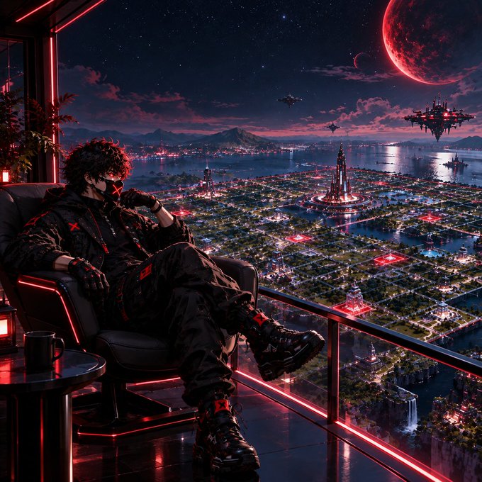 A sci-fi illustration of a figure in tactical gear sitting in a chair, overlooking a futuristic city at night with a large red moon and flying vehicles.