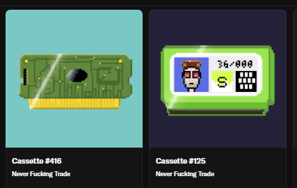 Two digital cards labeled "Cassette #416 Never Fucking Trade" and "Cassette #125 Never Fucking Trade" shown side-by-side, one resembling a circuit board and the other an ID card with a pixelated face.