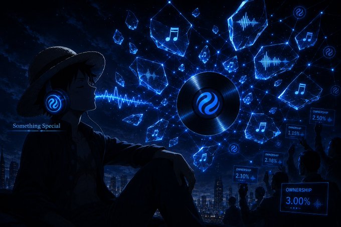 The image features a man sitting down with headphones on his head, listening to music. The background of the image is dark blue, which creates an immersive atmosphere for the scene. There are several other people present in the image as well, suggesting that this could be a social event or gathering related to music and art. The post about music ownership by FANDOM has been shared on Injective, indicating that it is relevant to the current discussion.